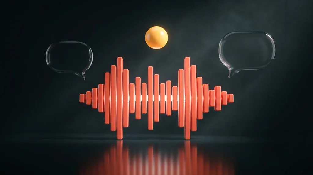 Onda vocale 3D di barre corallo luminose con fumetti di vetro: la voce che dialoga