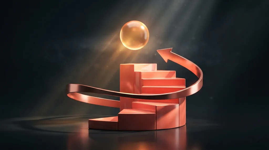 Scalinata 3D corallo che sale verso una sfera ambra luminosa: la crescita automatizzata