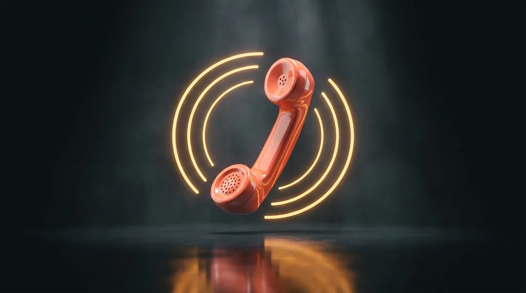 Cornetta telefonica 3D corallo sospesa tra anelli di luce ambra: la chiamata che squilla